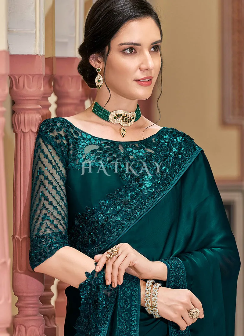 Green Sequence Embroidery Designer Silk Saree