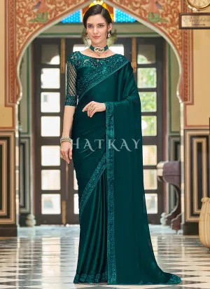 Green Sequence Embroidery Designer Silk Saree