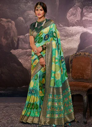 Green Weaved And Printed Traditional Jacquard Silk Saree