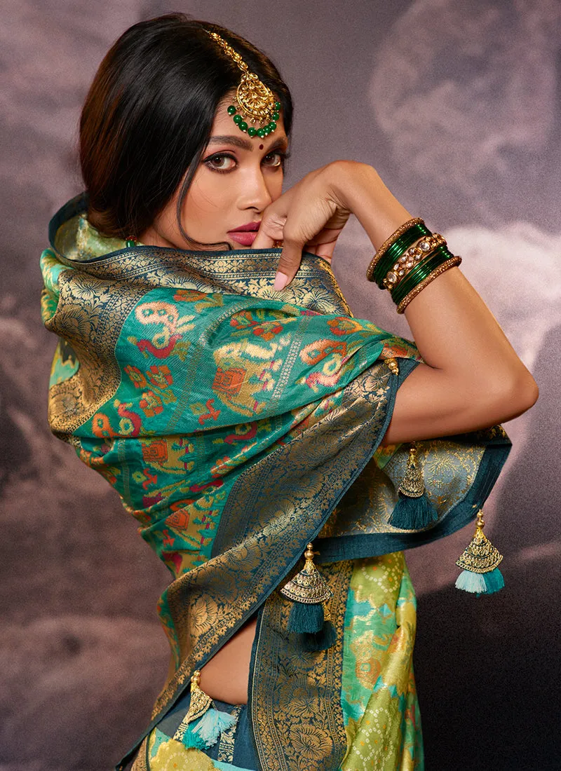 Green Weaved And Printed Traditional Jacquard Silk Saree