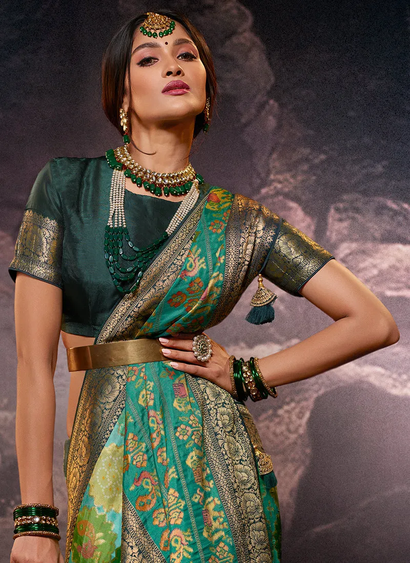 Green Weaved And Printed Traditional Jacquard Silk Saree