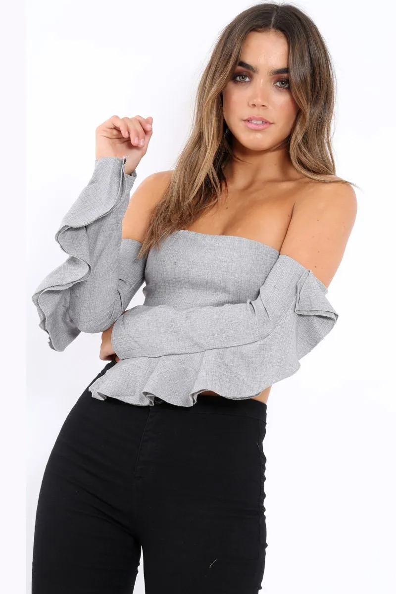 Grey Bardot Frill Sleeve Crop Top - Makayla