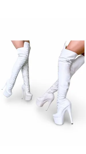 Hella Heels: Glitterati Thigh High Snow Kween White 7" - INSTORE