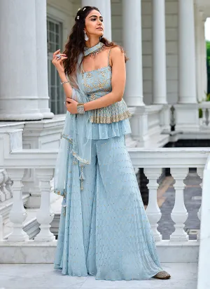 Ice Blue Zari And Badla Work Embellished Georgette Sharara Suit