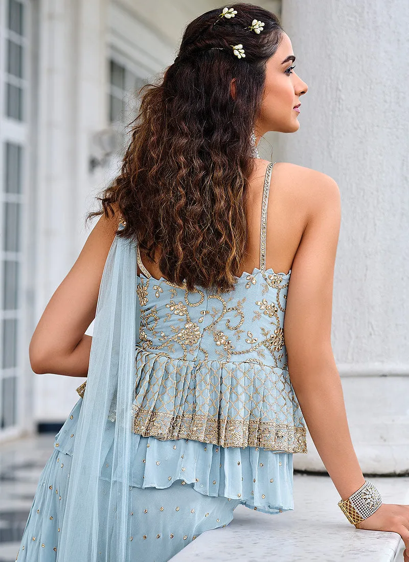 Ice Blue Zari And Badla Work Embellished Georgette Sharara Suit