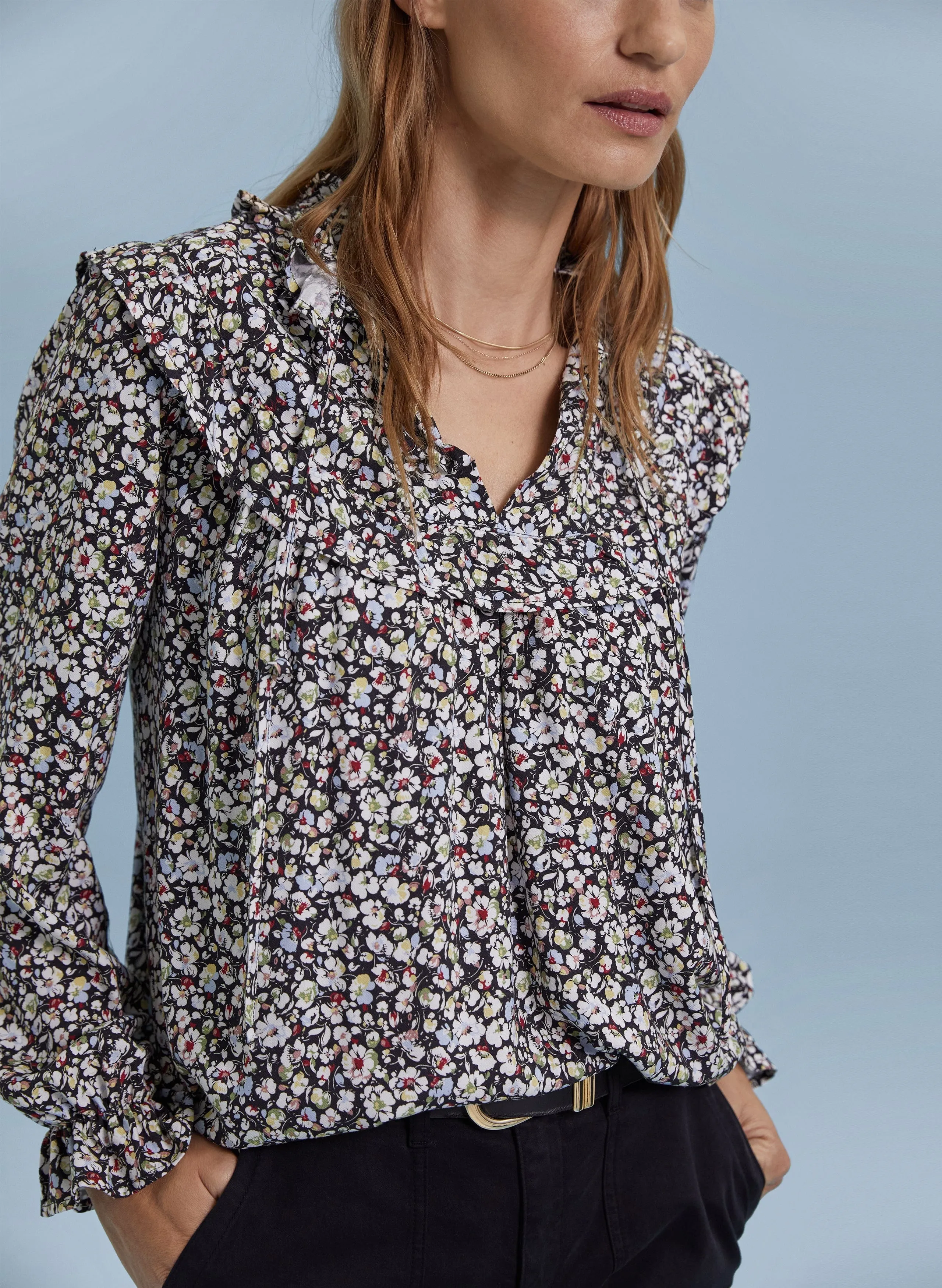 Jordyn Vintage Floral Print LENZING™ ECOVERO™ Jersey Blouse | Caviar Black