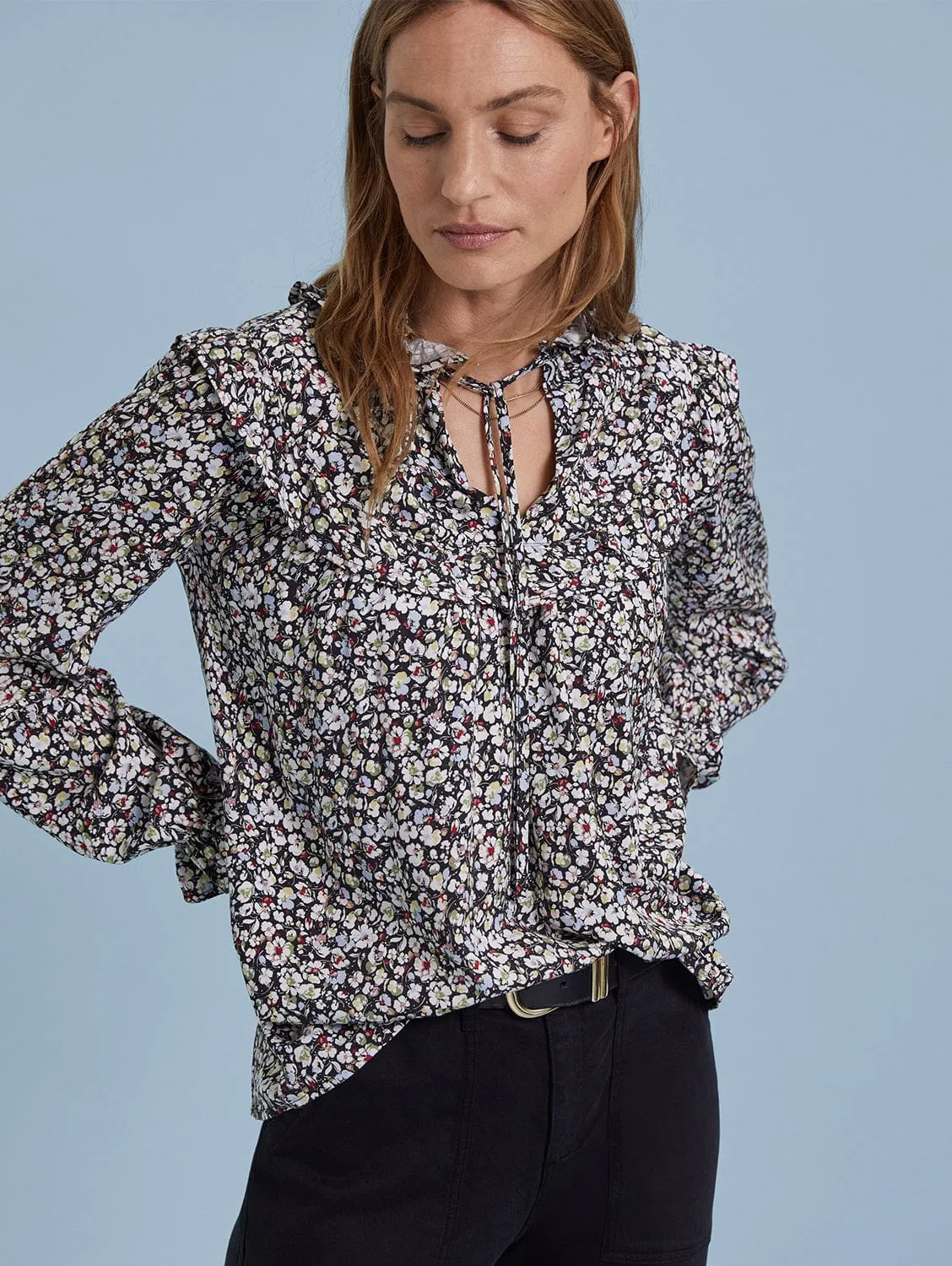 Jordyn Vintage Floral Print LENZING™ ECOVERO™ Jersey Blouse | Caviar Black