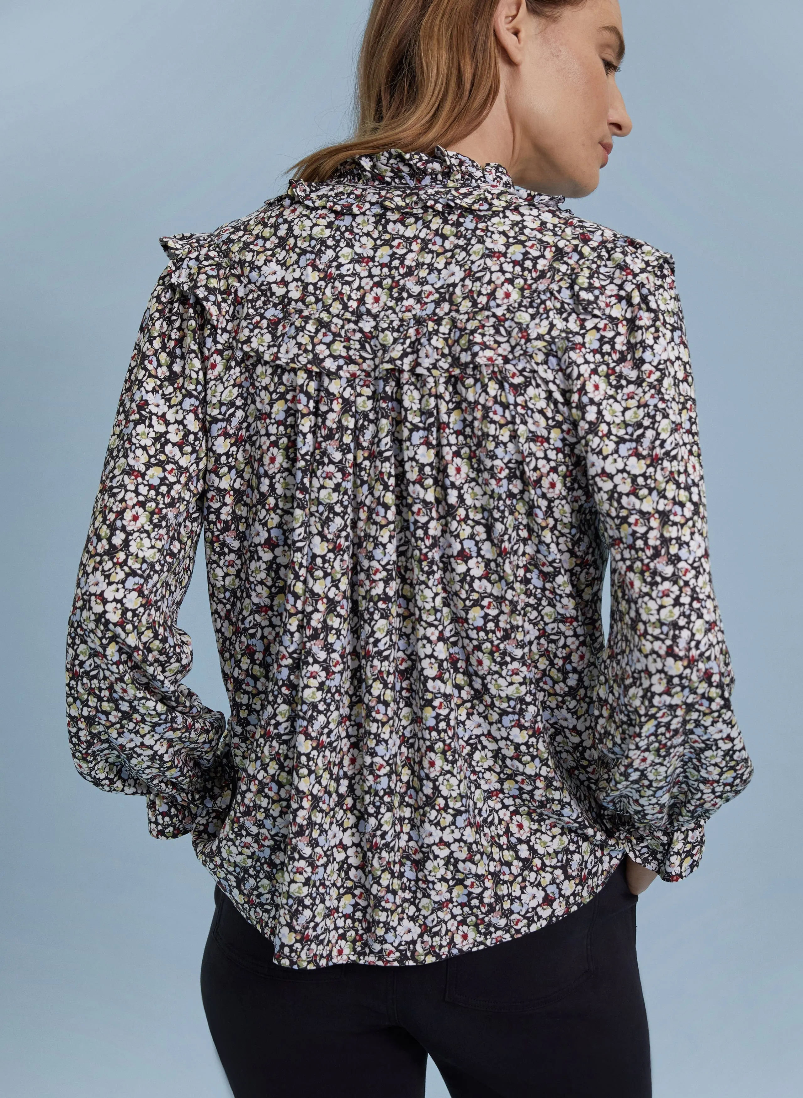 Jordyn Vintage Floral Print LENZING™ ECOVERO™ Jersey Blouse | Caviar Black