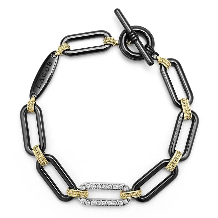 LAGOS 7.5" Black Ceramic Diamond Station Link Bracelet in 18K Gold