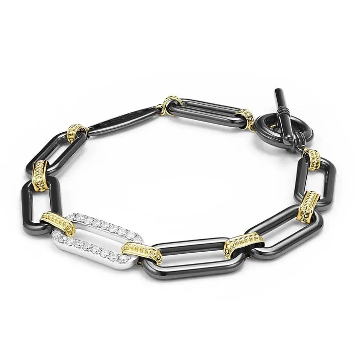 LAGOS 7.5" Black Ceramic Diamond Station Link Bracelet in 18K Gold