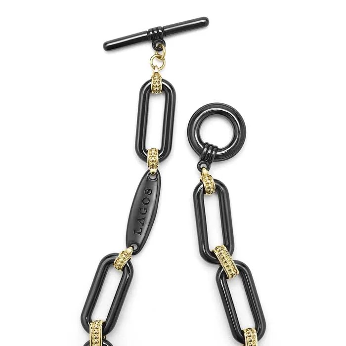 LAGOS 7.5" Black Ceramic Diamond Station Link Bracelet in 18K Gold