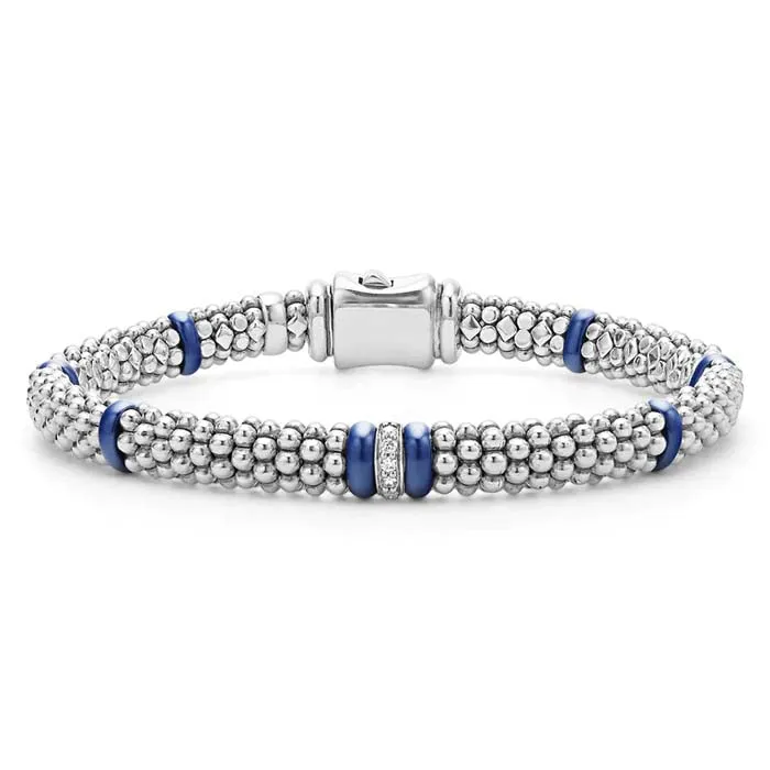 LAGOS Ultramarine Blue Ceramic Single Station Diamond Caviar Bracelet in Sterling Silver