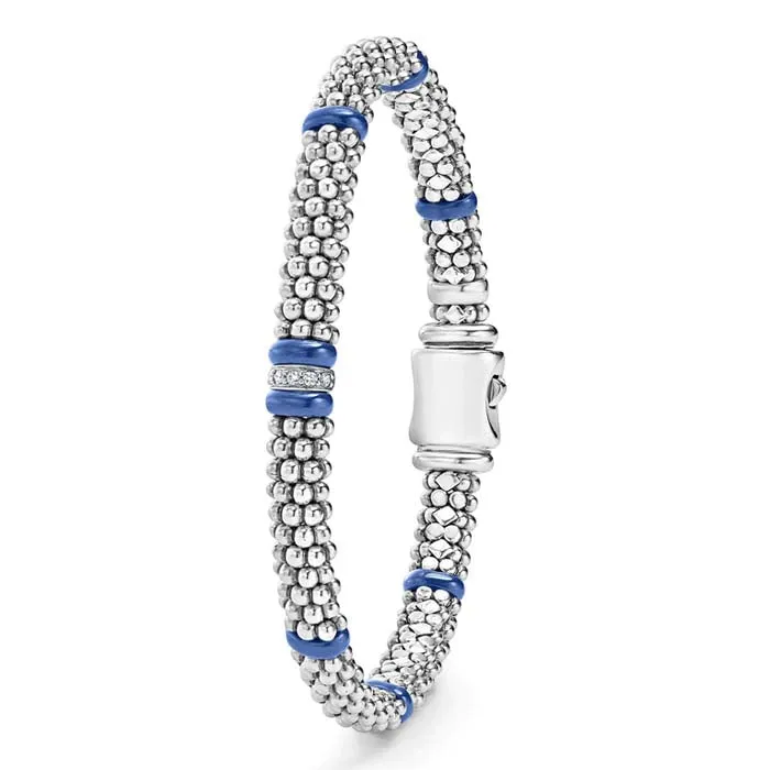 LAGOS Ultramarine Blue Ceramic Single Station Diamond Caviar Bracelet in Sterling Silver