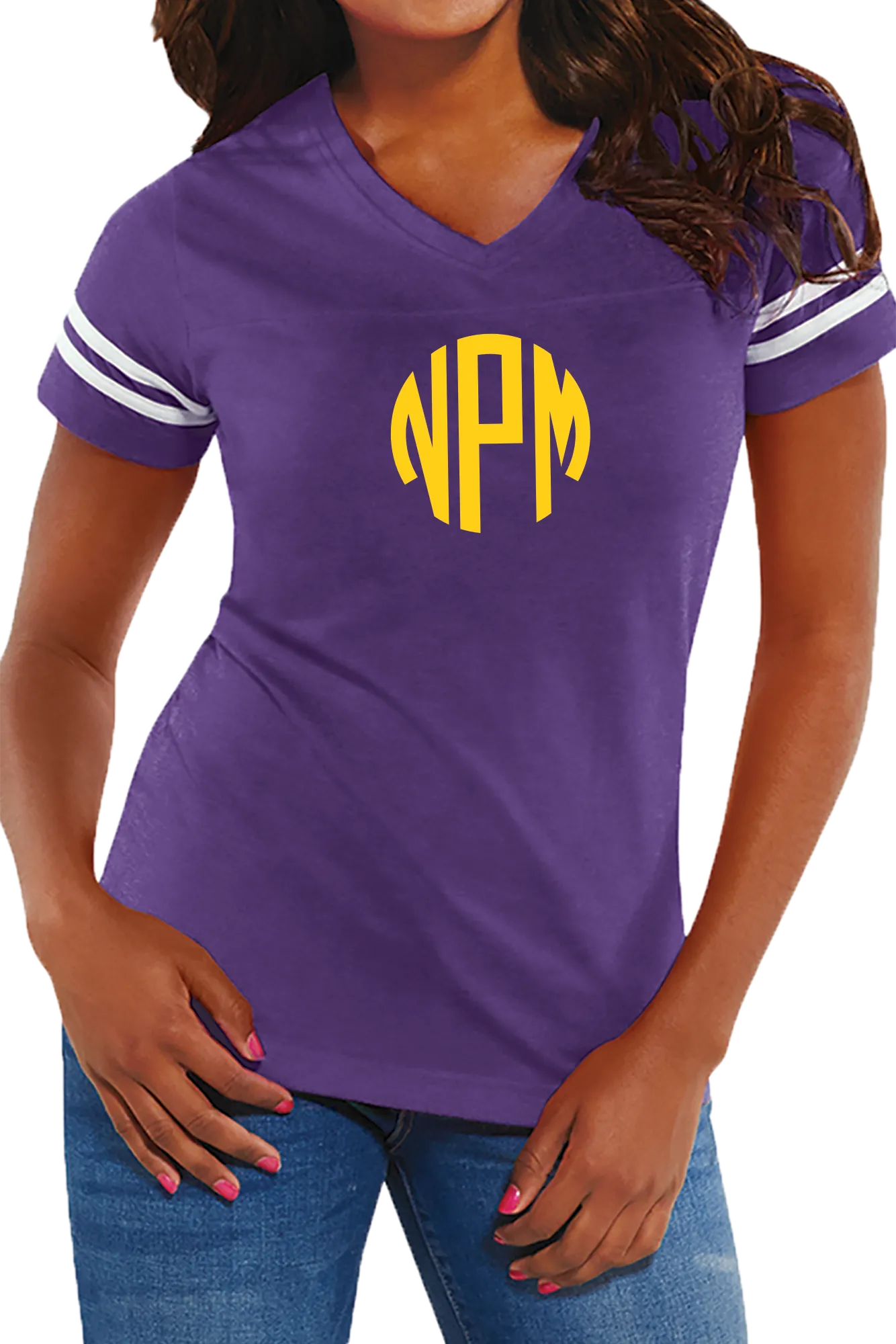 L.A.T. Ladies' Fine Jersey Football T-Shirt, Purple/White *Personalize It