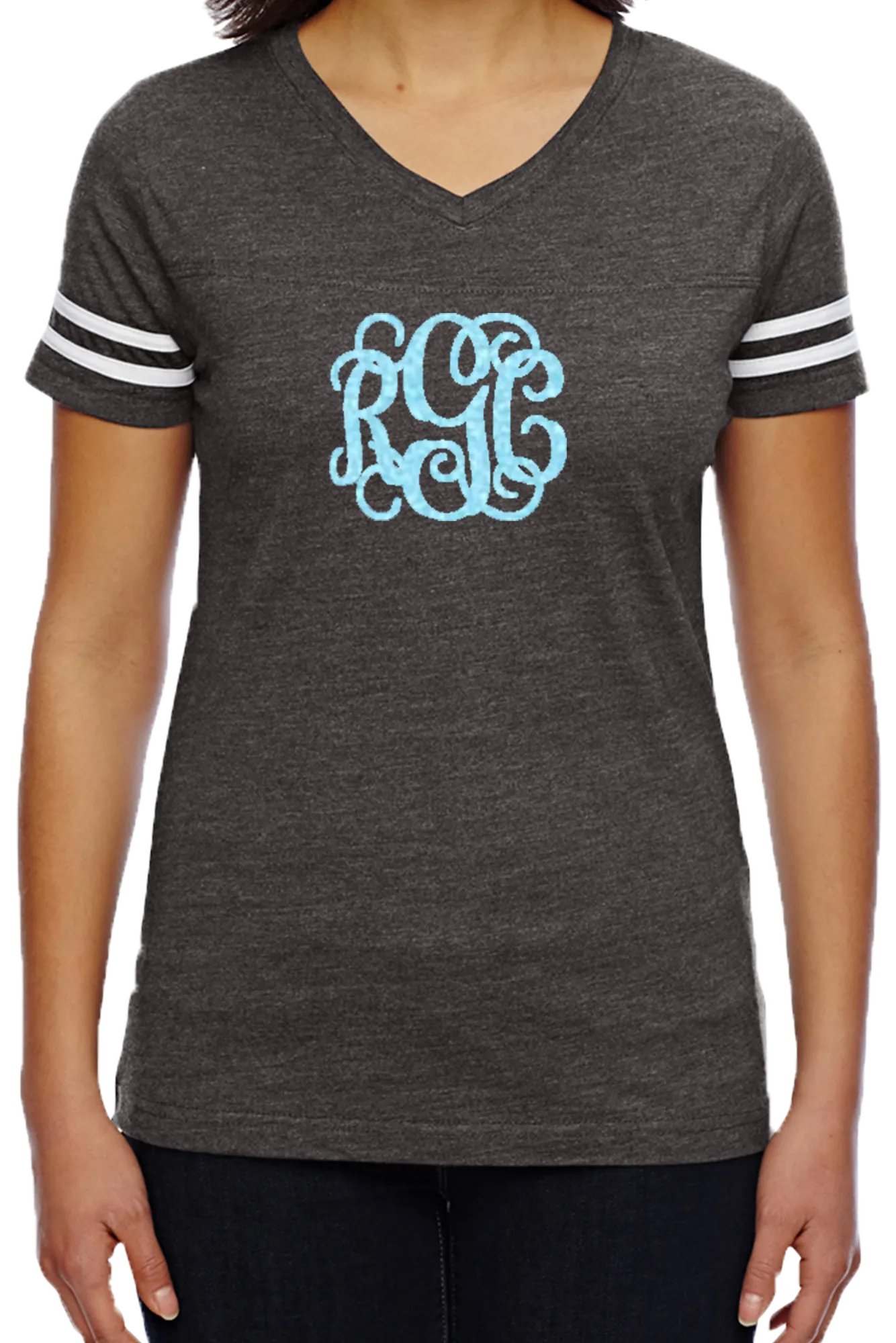 L.A.T. Ladies' Fine Jersey Football T-Shirt, Smoke/White *Personalize It
