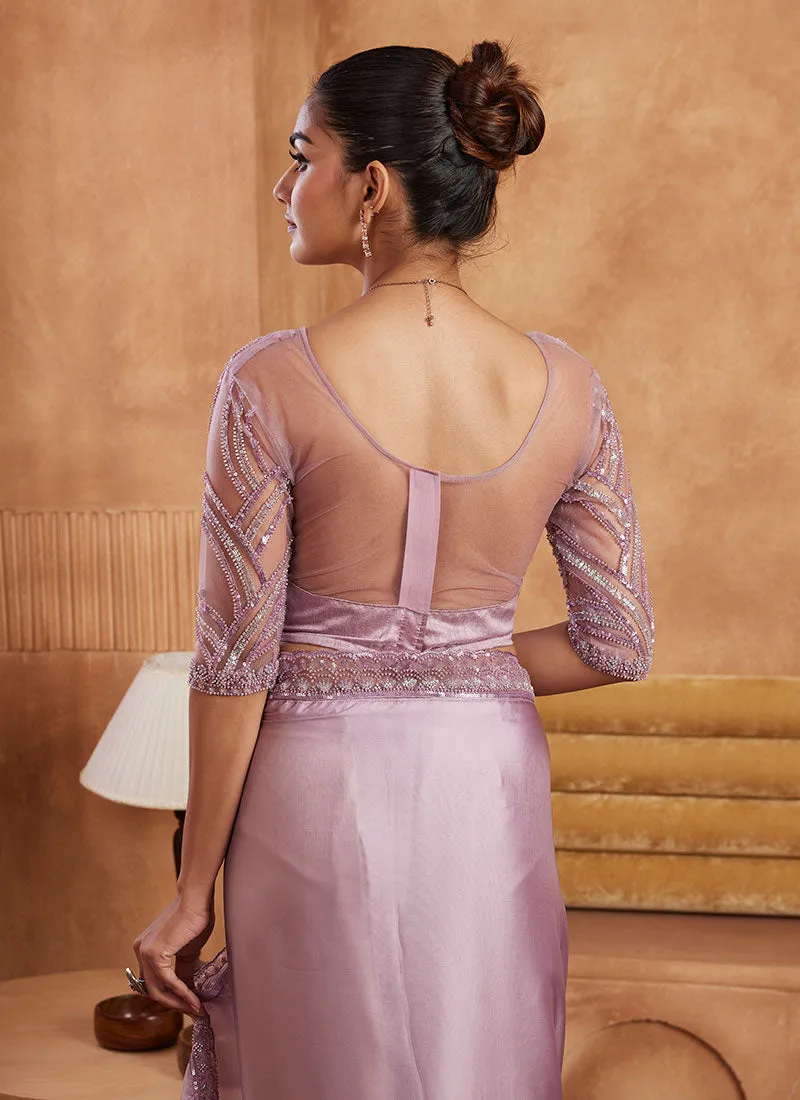 Light Purple Sequence Embroidery Wedding Silk Saree
