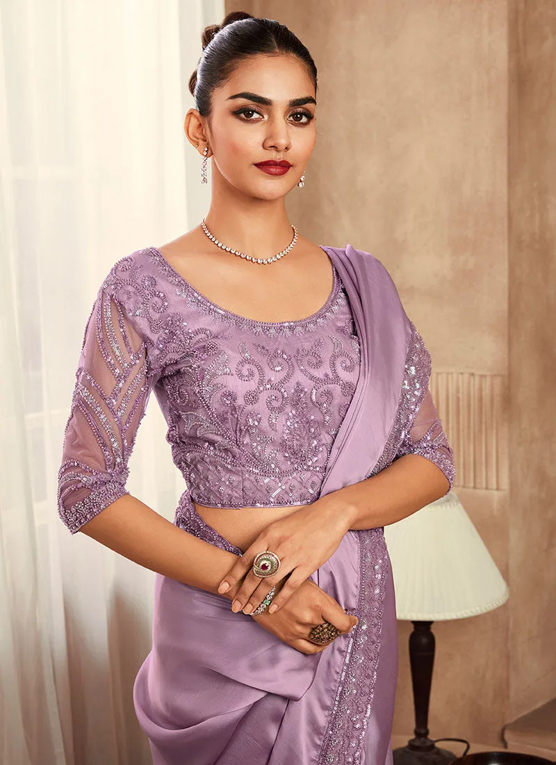 Light Purple Sequence Embroidery Wedding Silk Saree