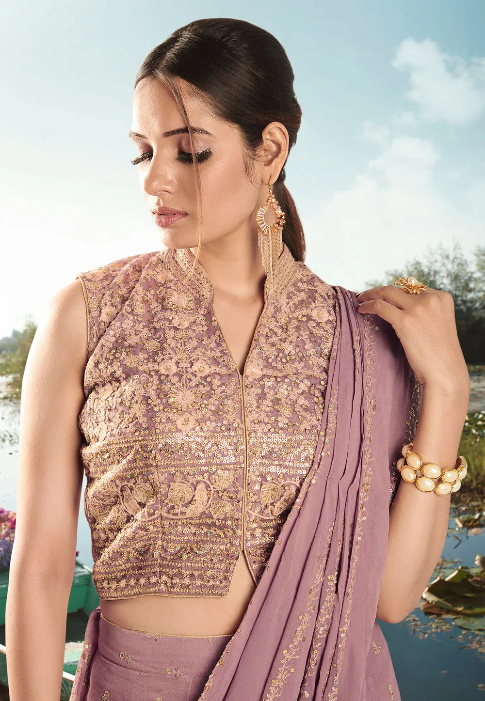 Lilac Purple Sequence Embroidered Gharara Choli