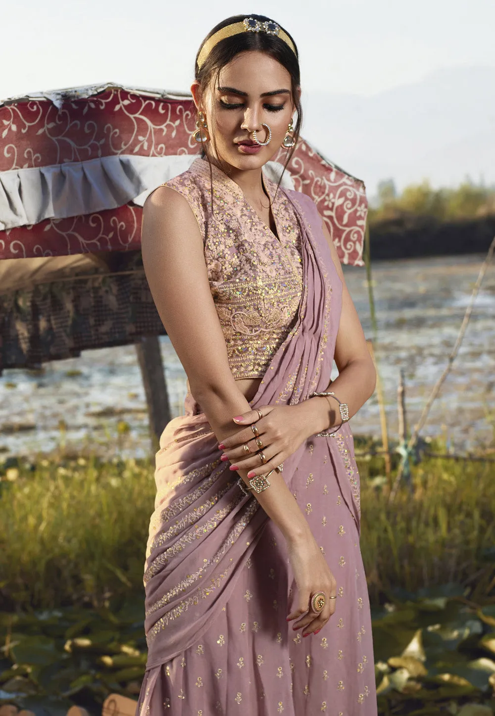Lilac Purple Sequence Embroidered Gharara Choli