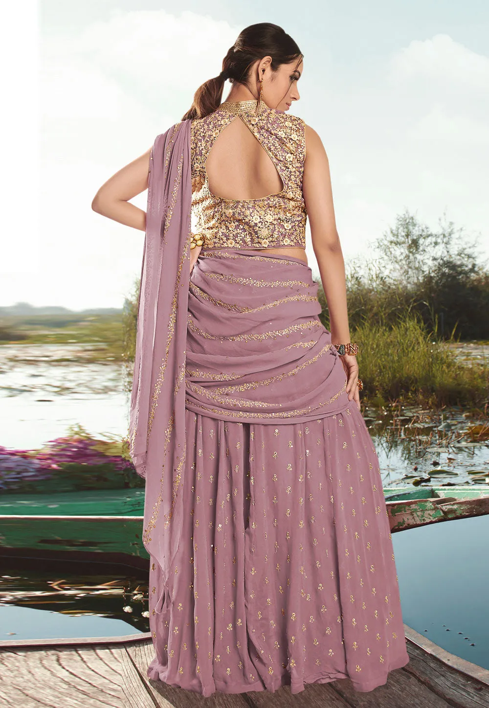 Lilac Purple Sequence Embroidered Gharara Choli