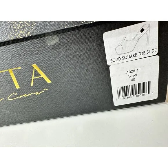 LITA by CIARA Solid Square Toe Leather Slide Heel in Silver Sz 40EU / 9US