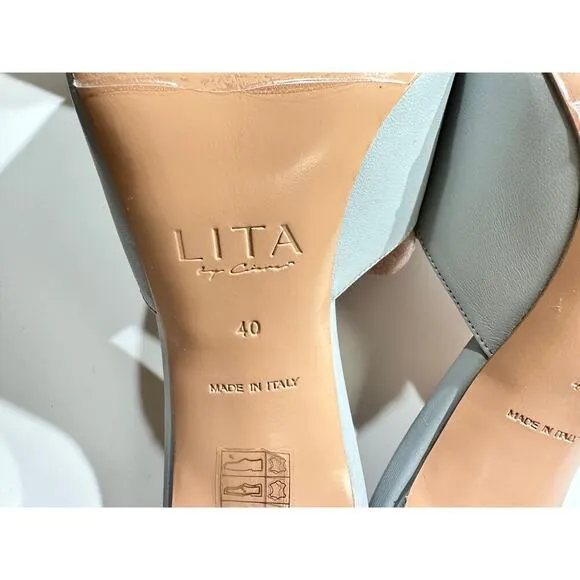 LITA by CIARA Solid Square Toe Leather Slide Heel in Silver Sz 40EU / 9US