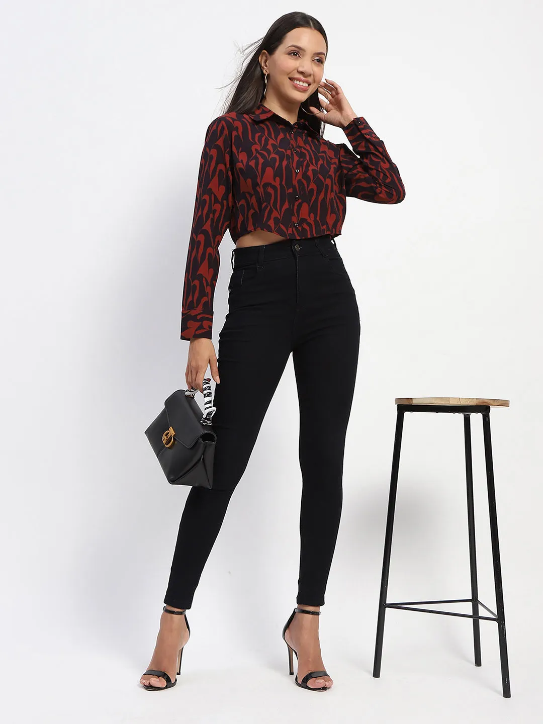 Madame Abstract Print Rust Red Crop Shirt