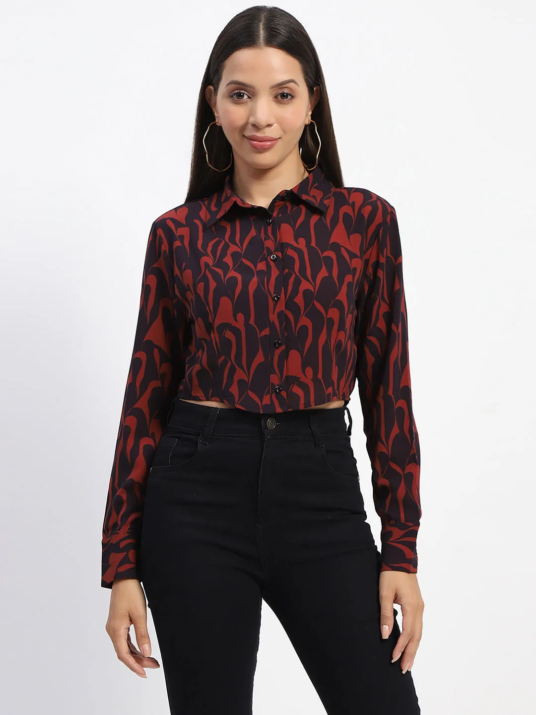 Madame Abstract Print Rust Red Crop Shirt