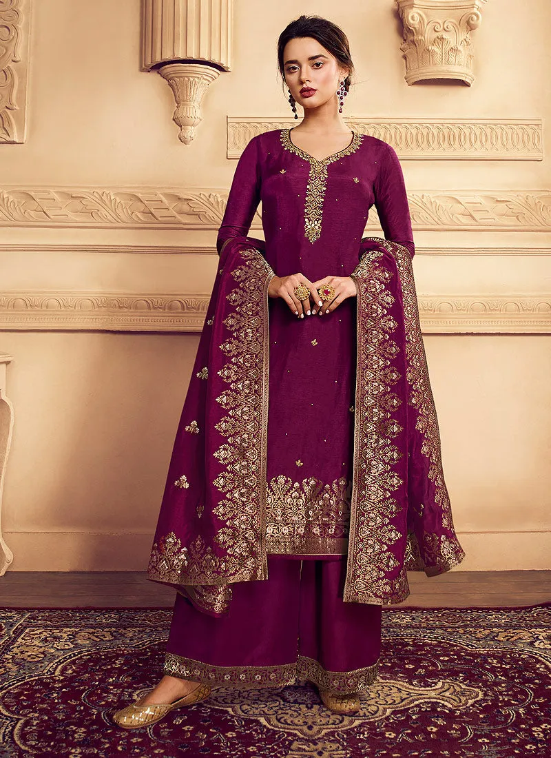 Magenta Golden Embroidered Designer Palazzo Suit