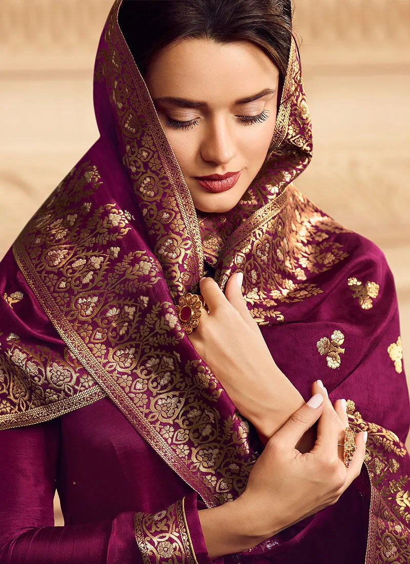 Magenta Golden Embroidered Designer Palazzo Suit