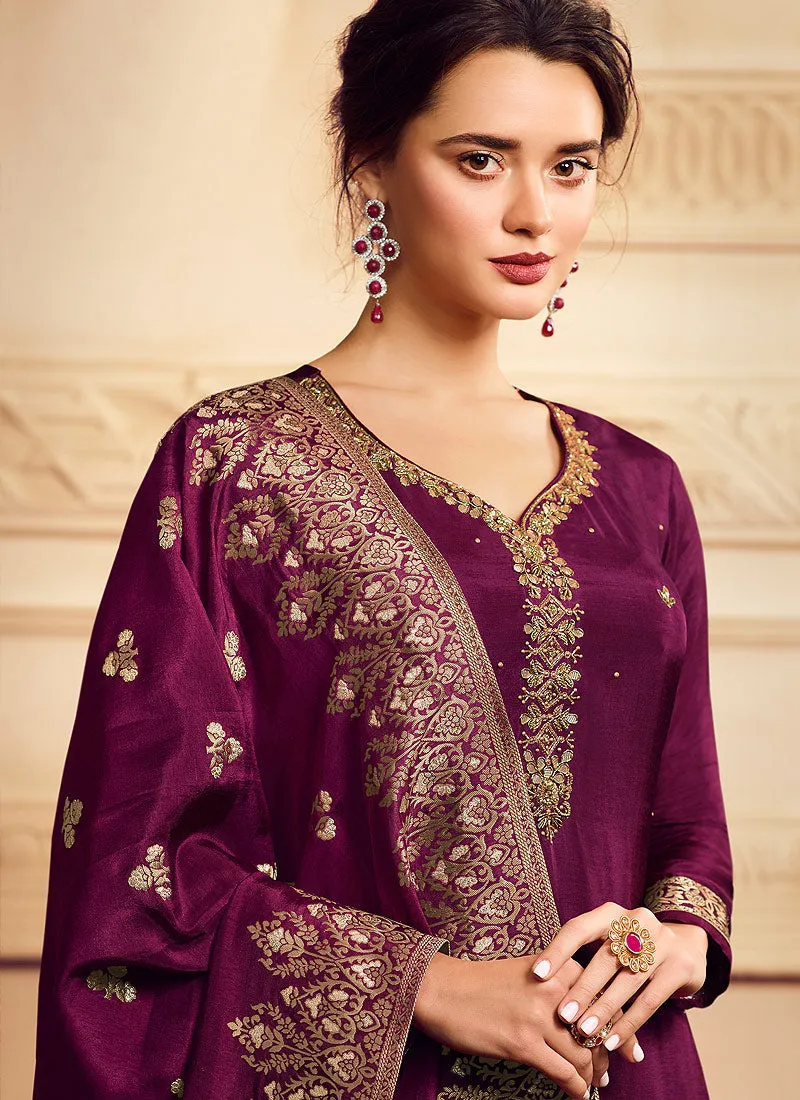 Magenta Golden Embroidered Designer Palazzo Suit