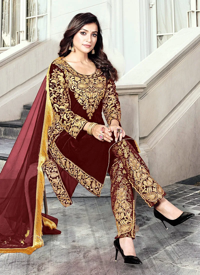 Maroon Embroidered Pakistani Pant Suit