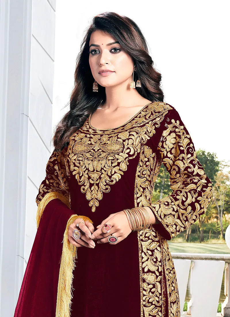 Maroon Embroidered Pakistani Pant Suit