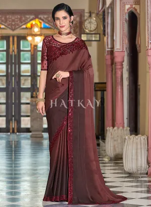 Maroon Sequence Embroidery Designer Silk Saree