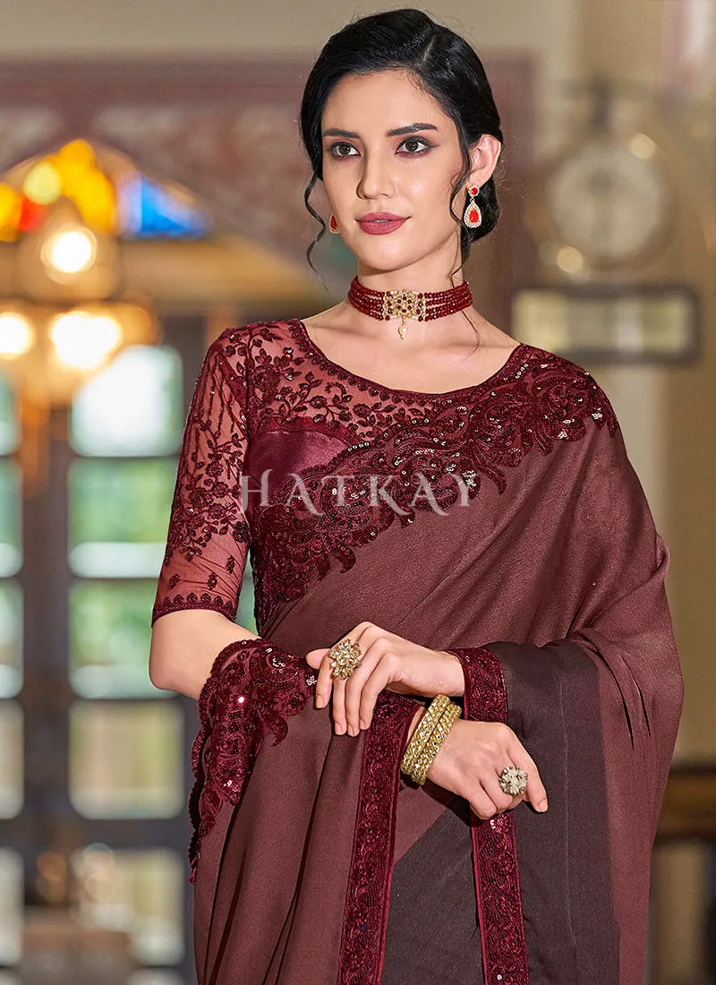 Maroon Sequence Embroidery Designer Silk Saree