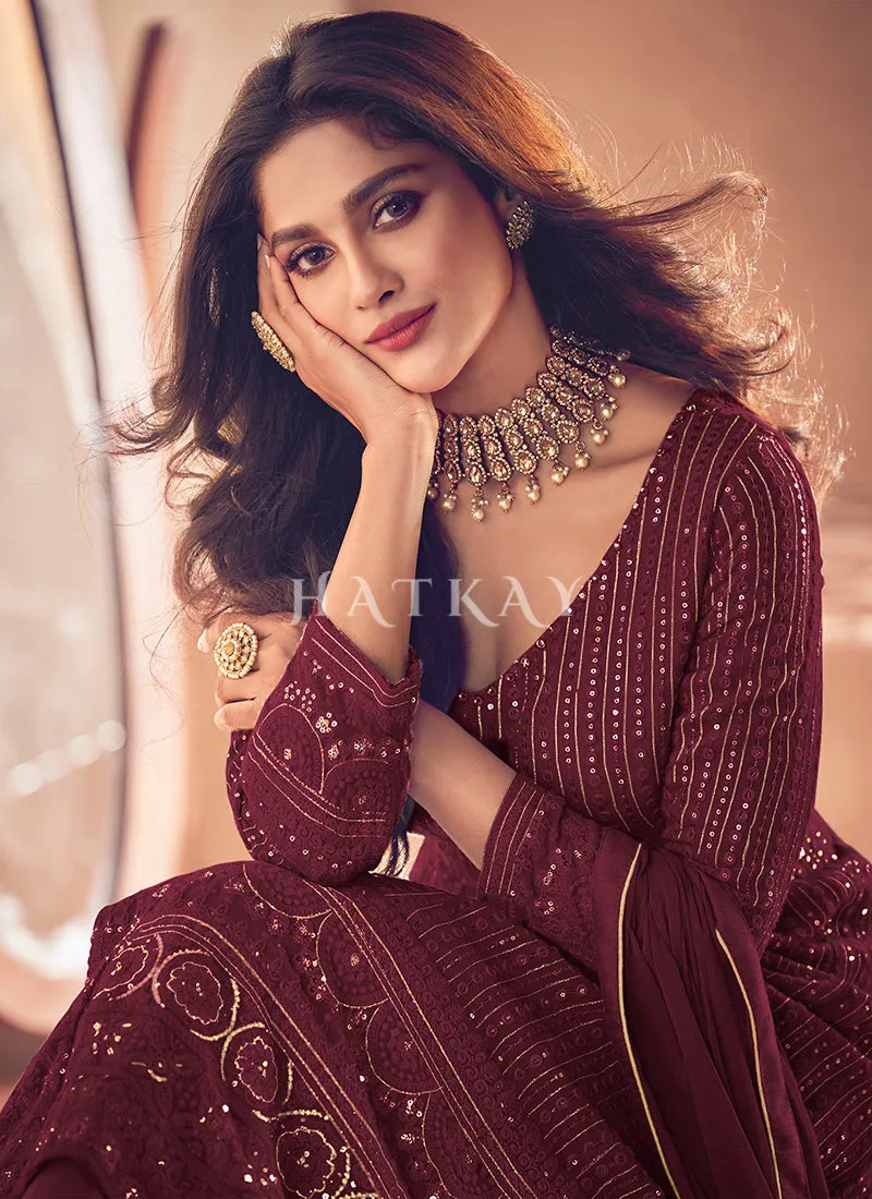 Maroon Traditional Sequence Embroidered Wedding Anarkali Lehenga