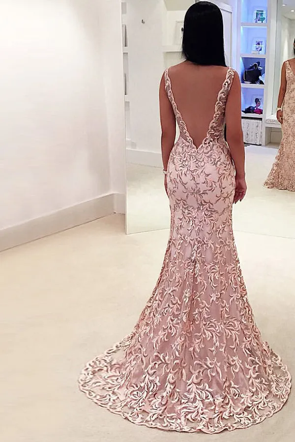 Mermaid Deep V-Neck Sweep Train Pink Lace Backless Sleeveless Prom Dress Q36