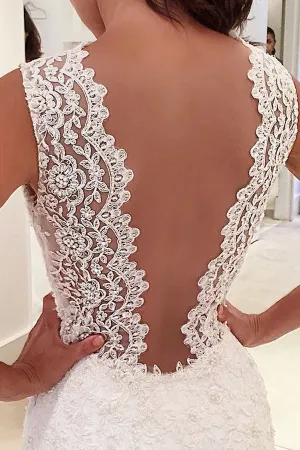 Mermaid V-Neck Court Train Backless White Chiffon Bohemian Wedding Dress Lace OHD223