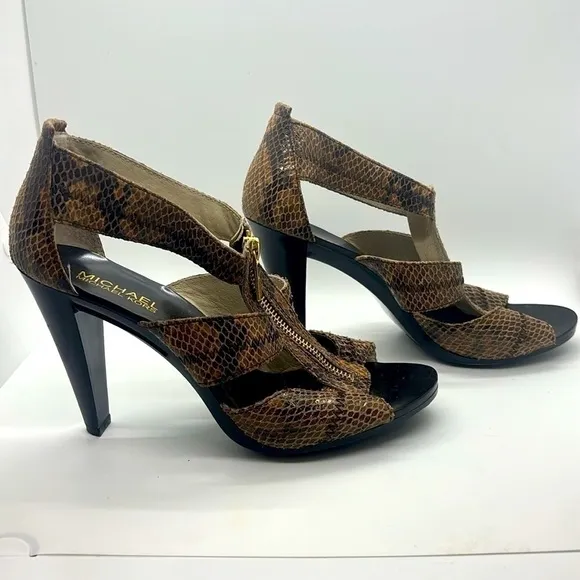 Michael Kors Berkley Leather Snakeskin Zippered T-Strap Peep Toe Heels NWOT Sz 8