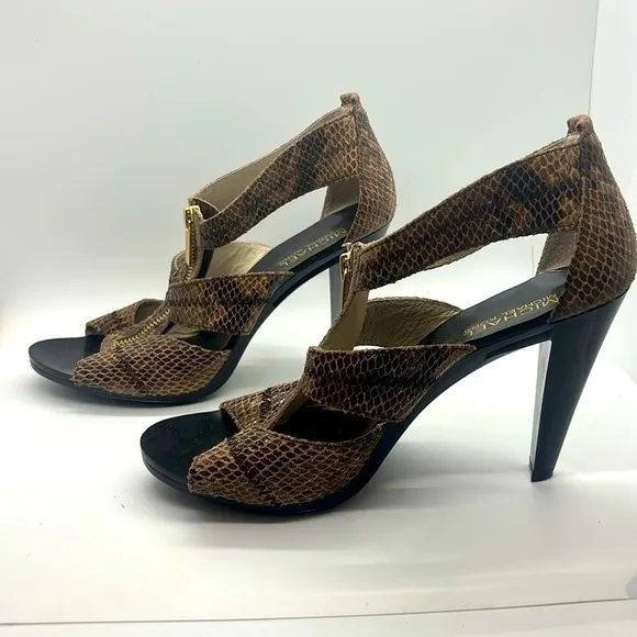Michael Kors Berkley Leather Snakeskin Zippered T-Strap Peep Toe Heels NWOT Sz 8