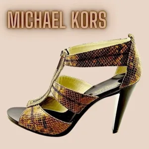 Michael Kors Berkley Leather Snakeskin Zippered T-Strap Peep Toe Heels NWOT Sz 8