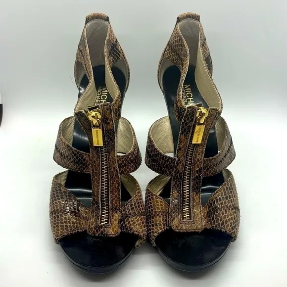 Michael Kors Berkley Leather Snakeskin Zippered T-Strap Peep Toe Heels NWOT Sz 8
