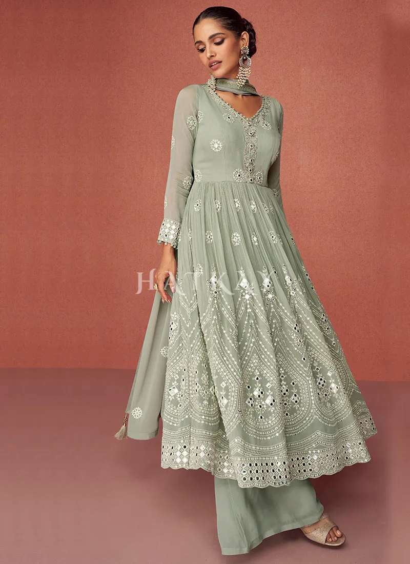 Mint Green Mirror Work Embroidery Gharara Suit