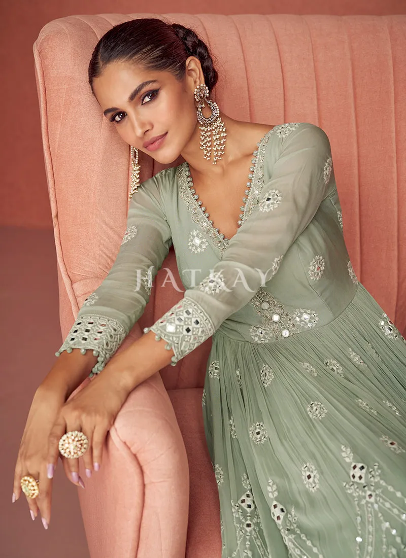 Mint Green Mirror Work Embroidery Gharara Suit
