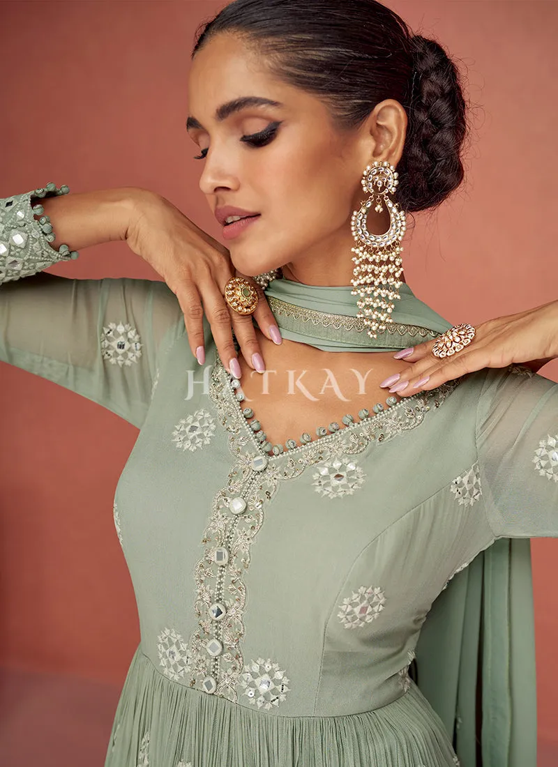 Mint Green Mirror Work Embroidery Gharara Suit