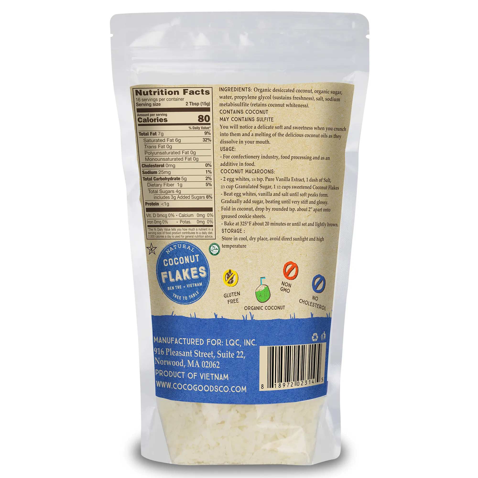 Natural Desiccated Coconut, Sweetened Flakes 16 oz, 2 Pack