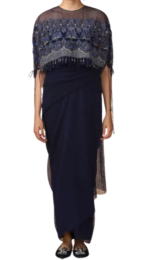 Navy Blue Embroidered Cape with Dhoti Skirt