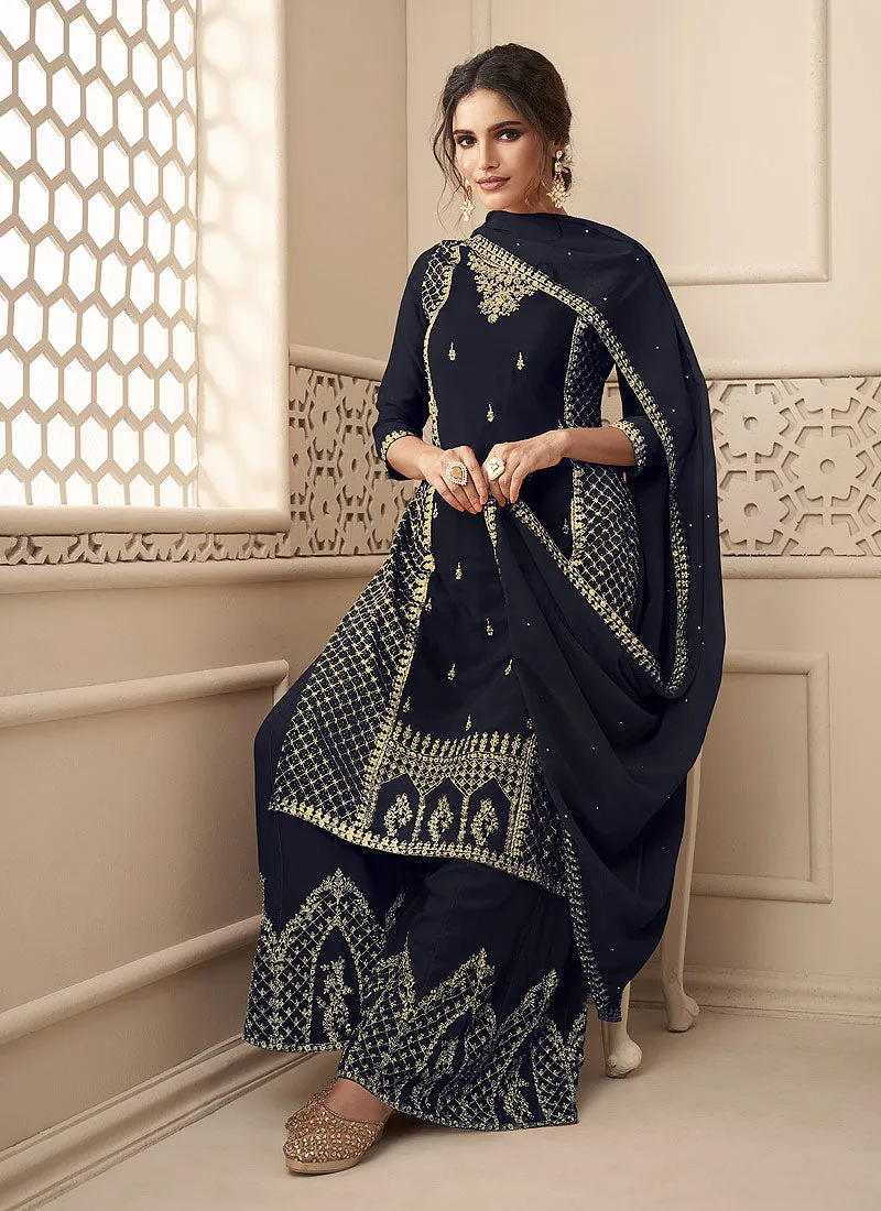 Navy Blue Rehsamkari Embroidered Designer Palazzo Suit