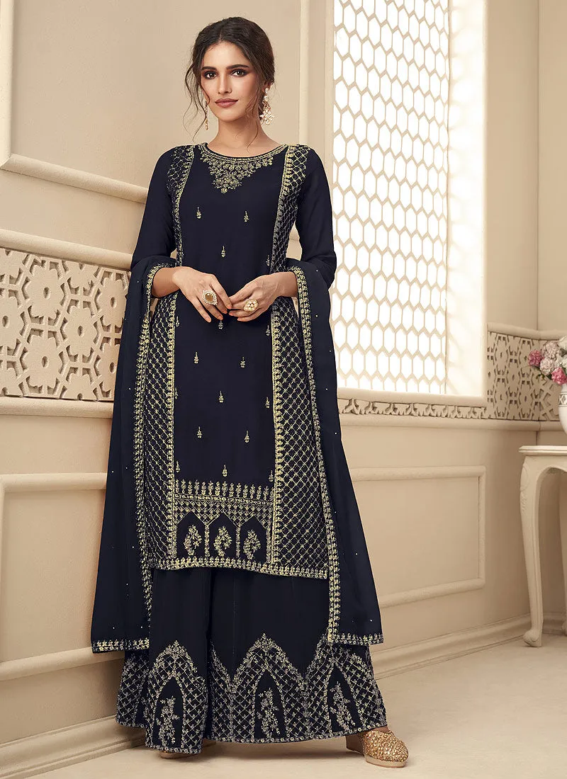 Navy Blue Rehsamkari Embroidered Designer Palazzo Suit