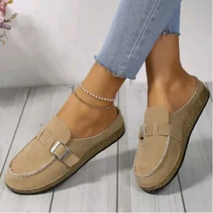 NEW Ladies' Mules With Buckle Decorations, Faux Suede Flat Shoes For Outdoor Activities Or Vacation, Sz 7
